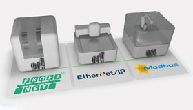 Trois machines grises et personnalisées sont placées sur un panneau portant le logo des protocoles Ethernet PROFINET, Ethernet/IP et Modbus TCP